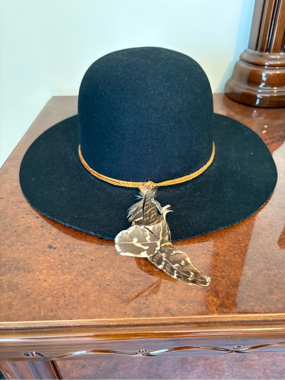 Brixton Black Wool Wide-Brim Hat with Tan Rope & Feather Accent